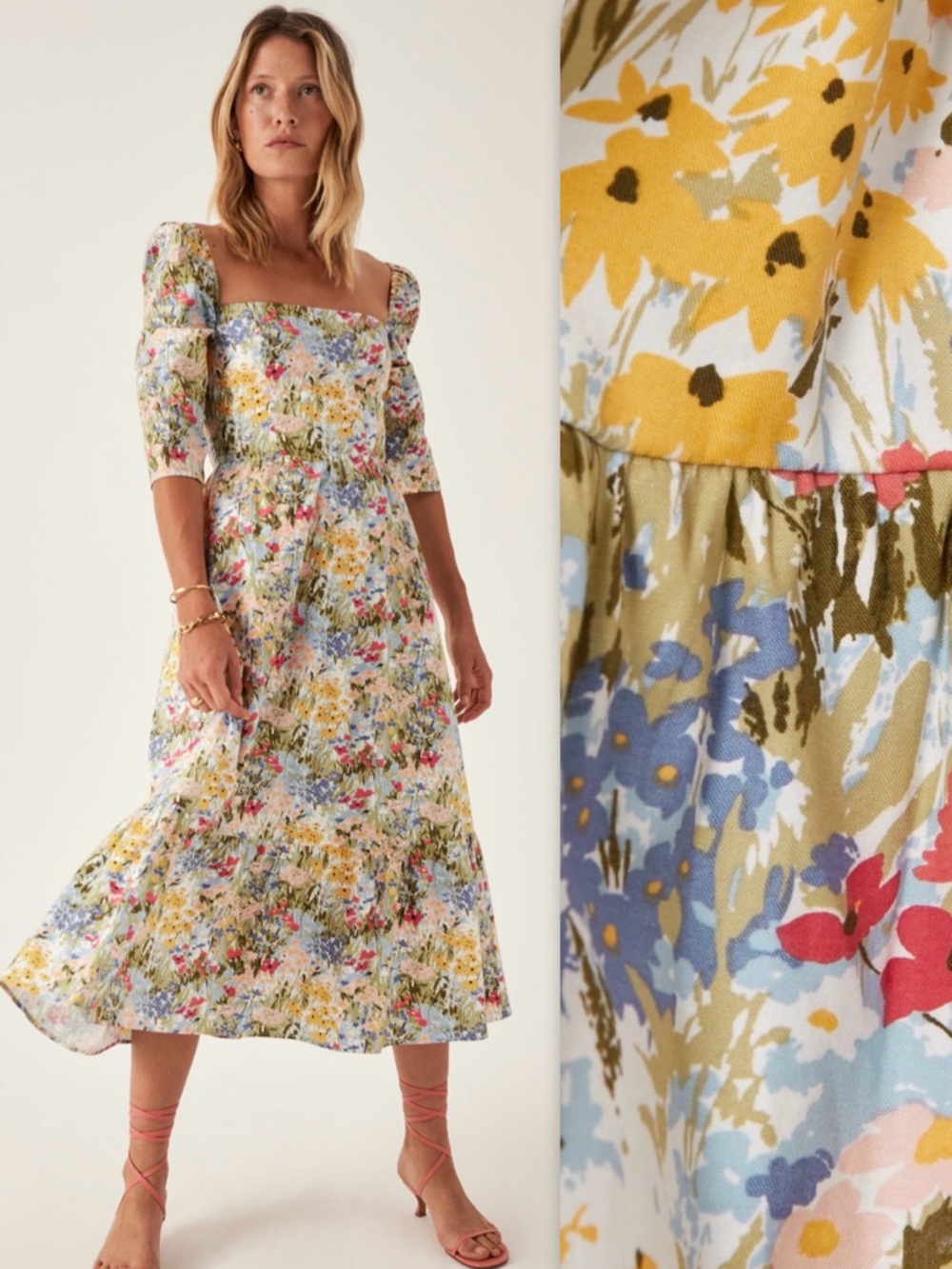 Reformation Cyprus Midi Dress in Countryside Floral Square-Neck Summer Wedding 6